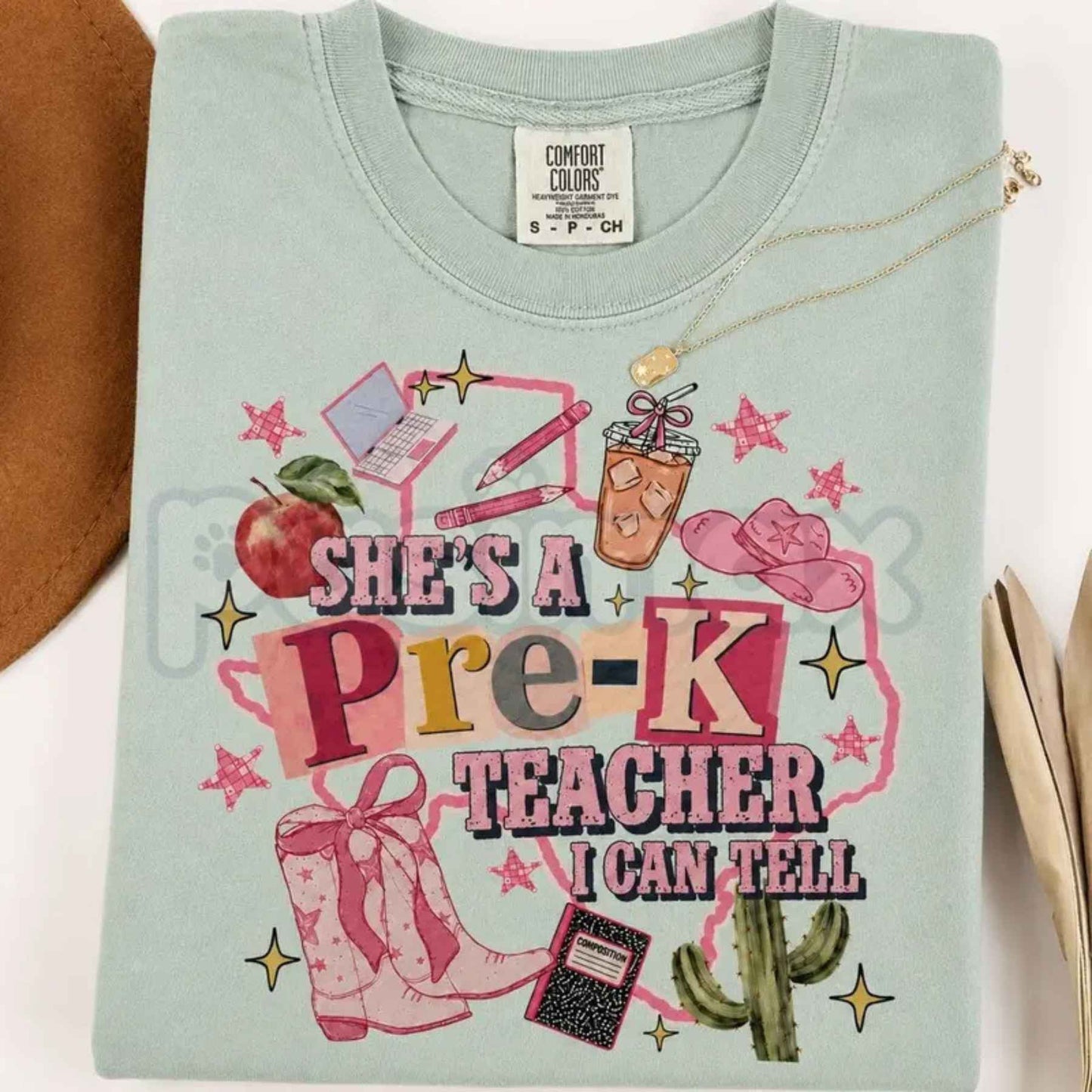 Comfort Colors® "She's A Teacher, I Can Tell" & "Teacher Ellas Fellas" Graphic T-Shirts – Retro Funny Educator Tees, Cute Back-to-School Teacher Gift Bundle, Whimsical Classroom Spirit Unisex Tops