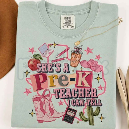 Comfort Colors® "She's A Teacher, I Can Tell" & "Teacher Ellas Fellas" Graphic T-Shirts – Retro Funny Educator Tees, Cute Back-to-School Teacher Gift Bundle, Whimsical Classroom Spirit Unisex Tops