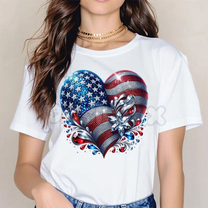American Flag Heart Design T-Shirt – Patriotic USA Graphic Tee, Premium 100% Cotton Casual Crew Neck Top, Soft Lived-In Heavyweight Red White and Blue Heart Shirt, Made in USA