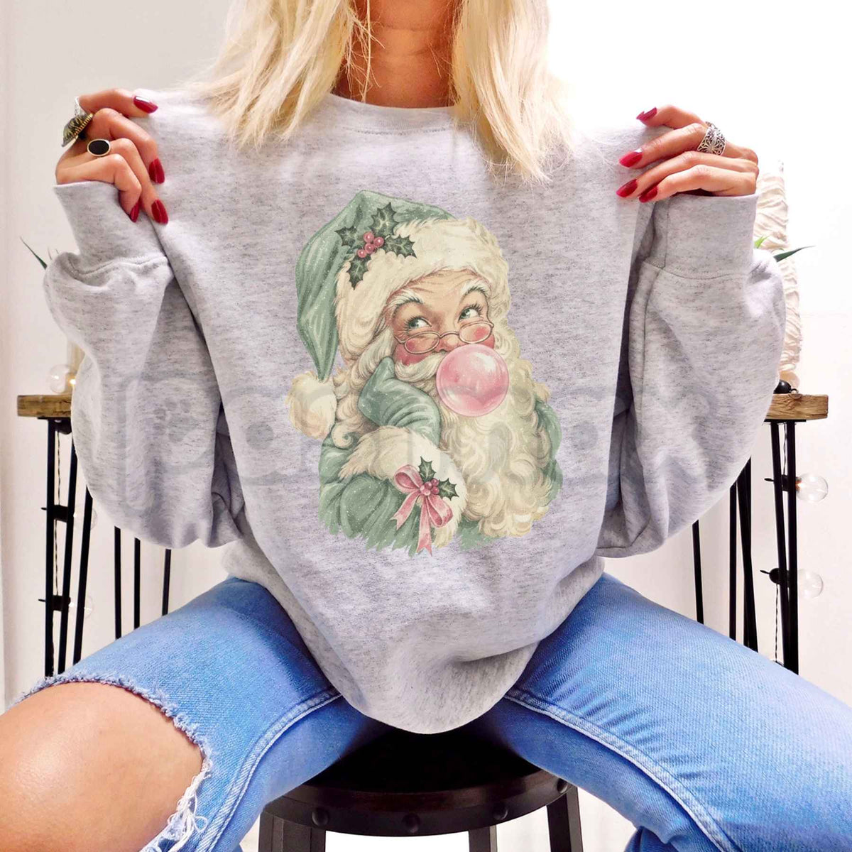 Pastel Bubblegum Santa Graphic Top | Retro Pink Christmas Crewneck