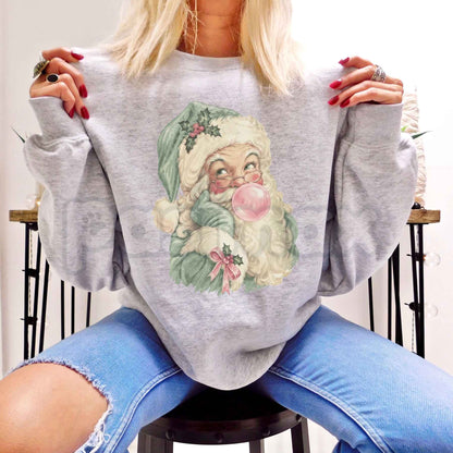 Pastel Bubblegum Santa Graphic Top | Retro Pink Christmas Crewneck