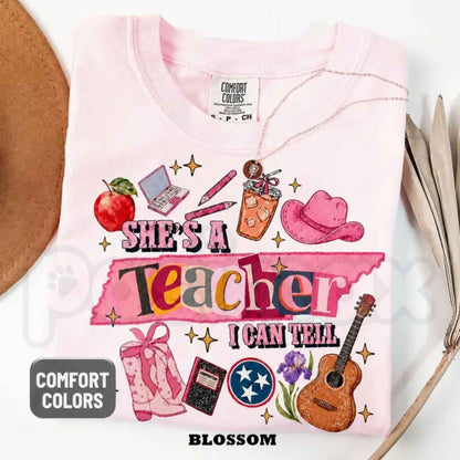 Comfort Colors® "She's A Teacher, I Can Tell" T-Shirt – Retro Aesthetic Funny Teacher Graphic Tee, Cute Back to School Gift, Whimsical Educator Unisex Top