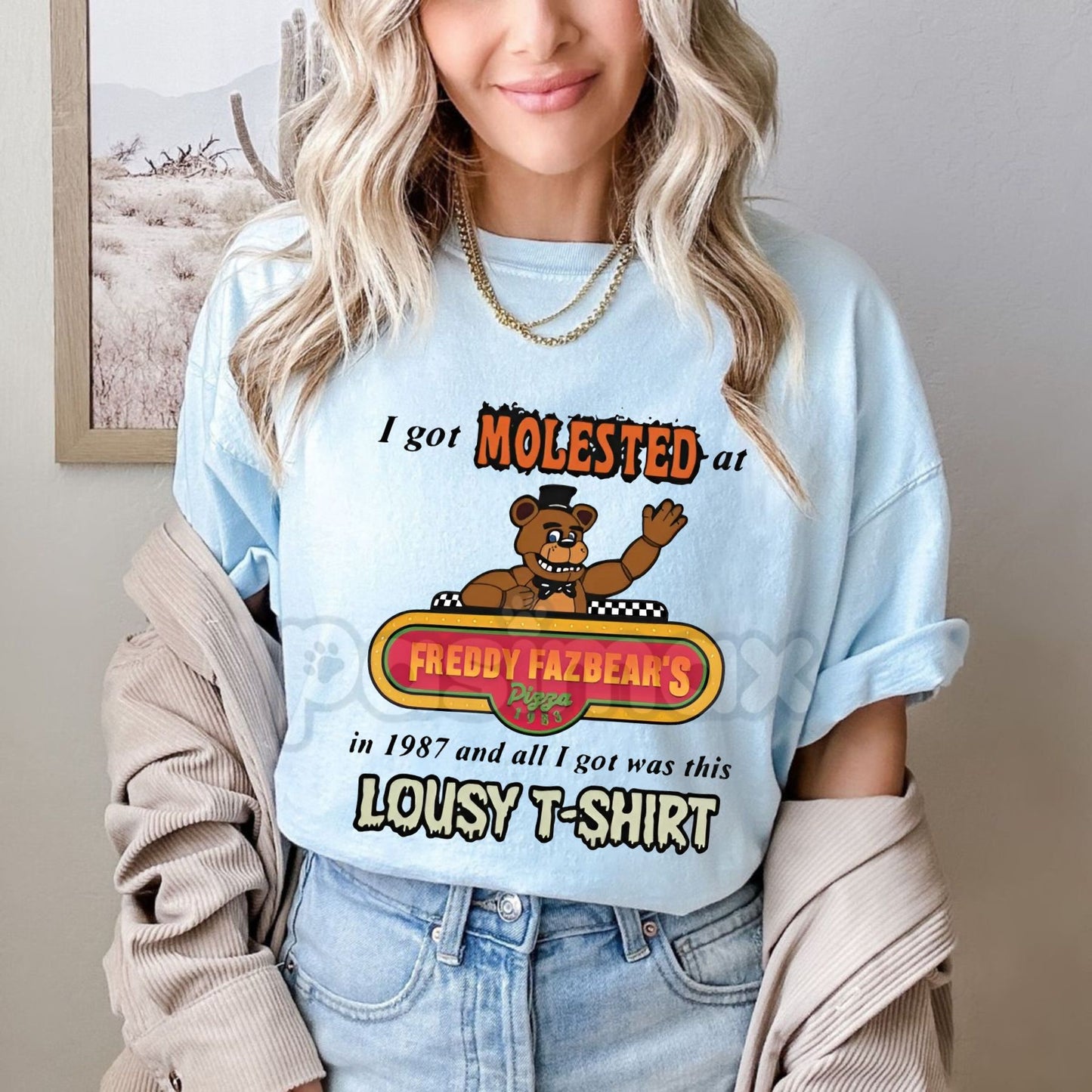 "I Got Molested At Freddy Fazbear's" Dark Humor T-Shirt - Bold and Dark Horror Design, FNAF Meme Slogan Tee, Edgy Gaming Apparel