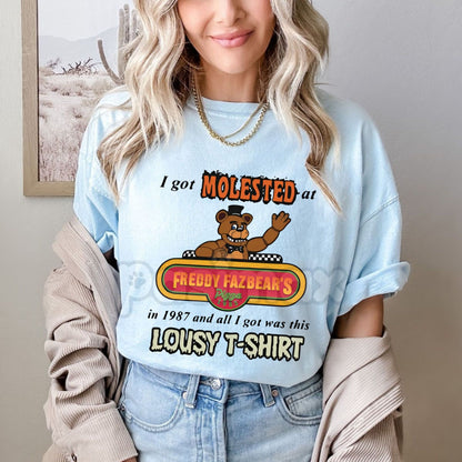 "I Got Molested At Freddy Fazbear's" Dark Humor T-Shirt - Bold and Dark Horror Design, FNAF Meme Slogan Tee, Edgy Gaming Apparel