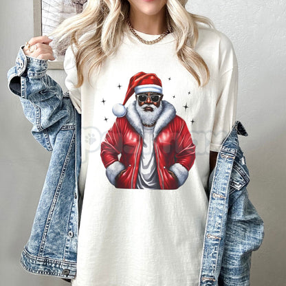 African American Santa Christmas Pajama-Style T-shirt - Black X-Mas Holiday Apparel, Inclusion Festive Tee, Unisex Family Photo Top