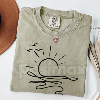 Comfort Colors® Vintage Sun and Ocean T-Shirt – Minimalist Linear Graphic Boho Summer Tee, Aesthetic Coastal Beach Vibes Shirt, Cute Vacation Gift