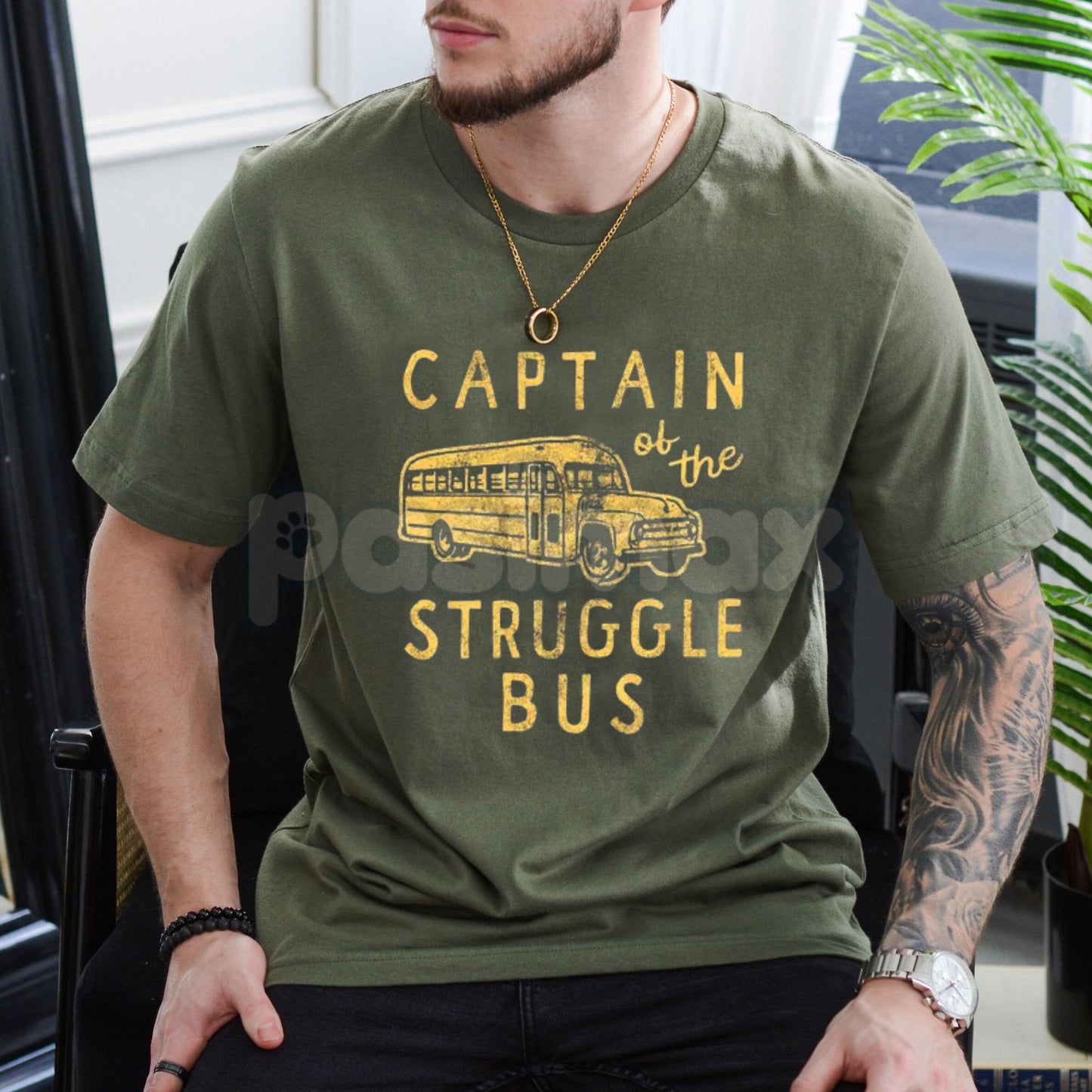"Captain of The Struggle Bus" Funny T-Shirt – Sarcastic School Bus Graphic Tee, Premium 100% Cotton Novelty Humor Top, Soft Lived-In Heavyweight Relatable Parenting Shirt, Made in USA