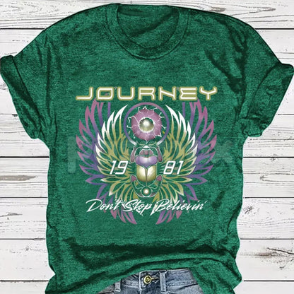 "Don't Stop Believin'" 1981 Vintage Print T-Shirt – Journey Band Inspired Graphic Tee, Premium 100% Cotton Retro Rock Top, Soft Lived-In Heavyweight Midnight Train Shirt, Made in USA