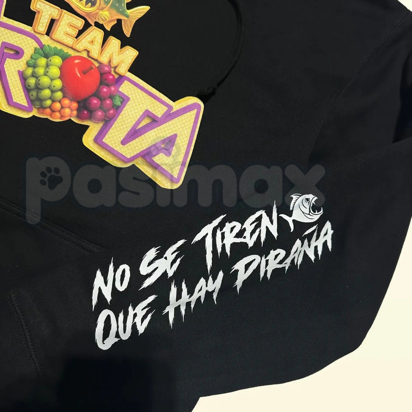 Team Fruta Hoodie – Black, Fruit Logo & Slogan "No Se Tienen Que Hay Piraña" Pullover, Medium Fit Casual Wear, Unisex