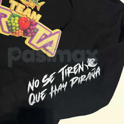 Team Fruta Hoodie – Black, Fruit Logo & Slogan "No Se Tienen Que Hay Piraña" Pullover, Medium Fit Casual Wear, Unisex