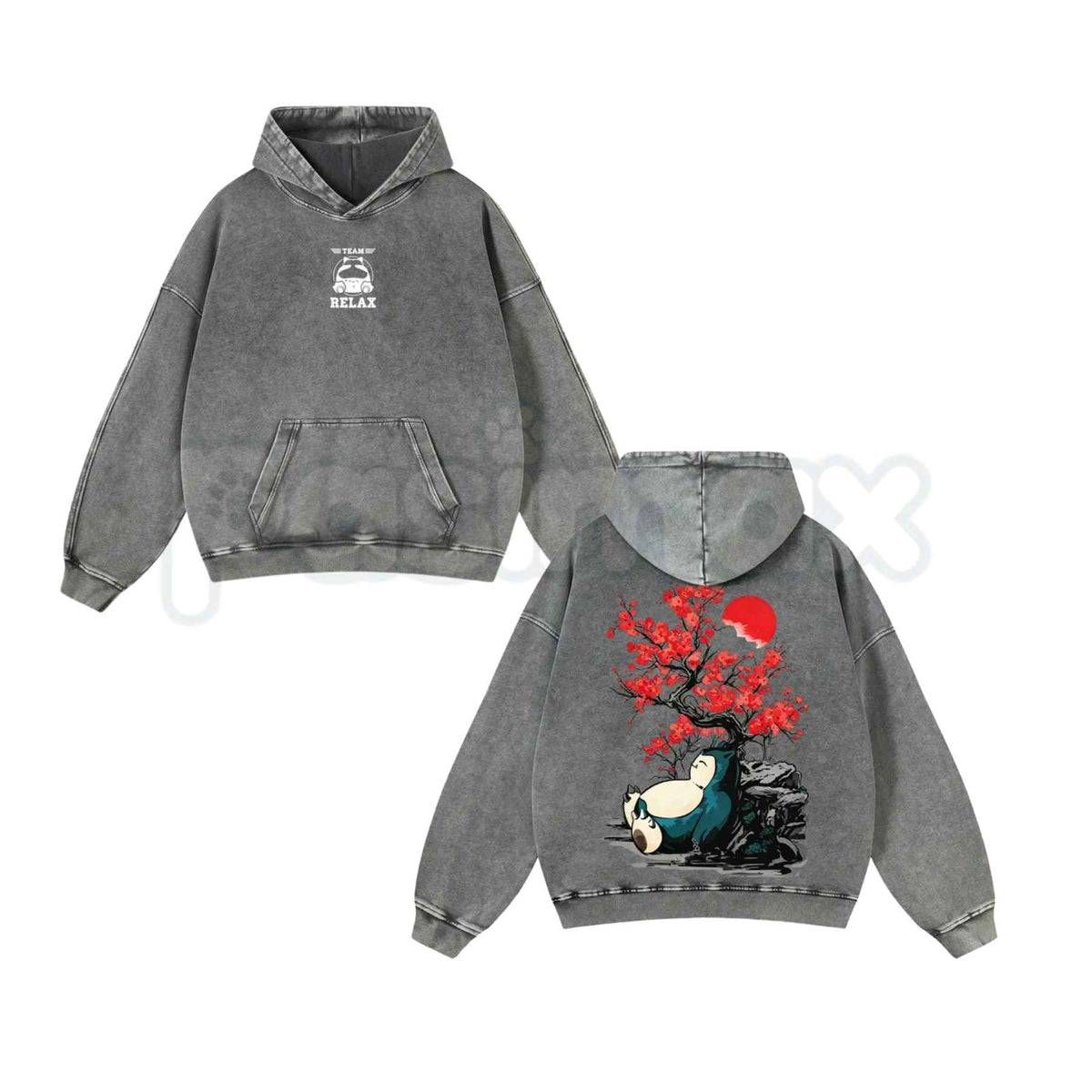 Japanese Red Plum Blossoms & Plump Beast Washed Hoodie – Ink-Wash Red Sun Graphic Pullover, Unisex Aesthetic Streetwear