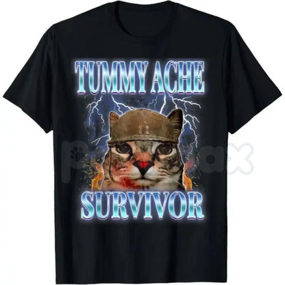 Funny "Tummy Ache Survivor" Cat Meme T-Shirt – Sarcastic Graphic Humor Tee, Premium 100% Cotton Relatable Animal Top, Soft Lived-In Heavyweight Dramatic Cat Shirt, Made in USA