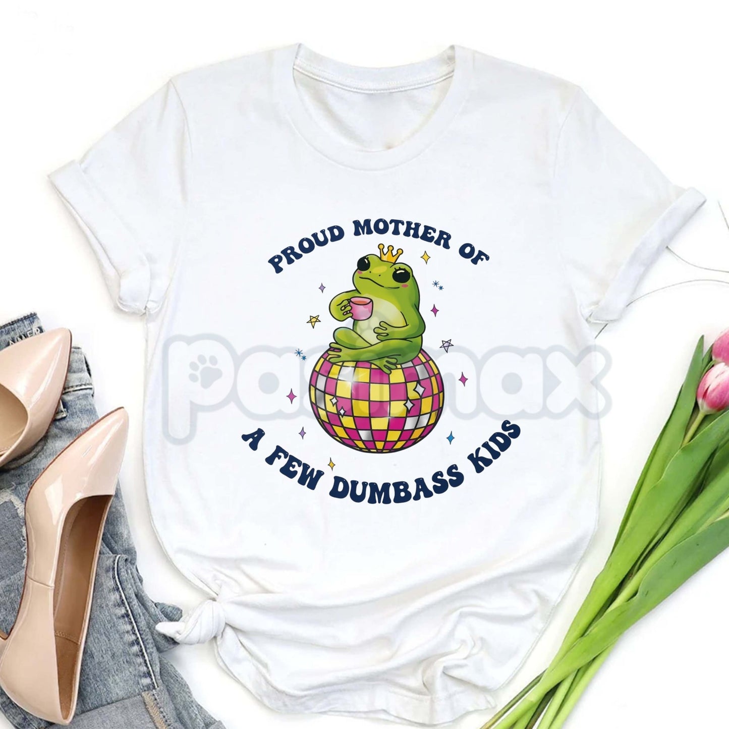 "Proud Mother of a Few Dumbass Kids" Funny T-Shirt - Humorous Frog Disco Graphic Tee, Premium 100% Cotton Sarcastic Mom Top, Witty Motherhood Gift for Her, Psychedelic Retro Frog Party Shirt, Soft Lived-In Heavyweight Casual Apparel