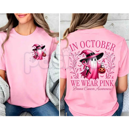 In October We Wear Pink Ghost T-Shirt – Breast Cancer Awareness Halloween Unisex Cotton Tee