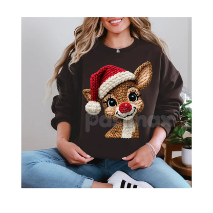 Classic Red Nose Reindeer & Santa Hat Holiday Sweatshirt – Whimsical Christmas Crewneck