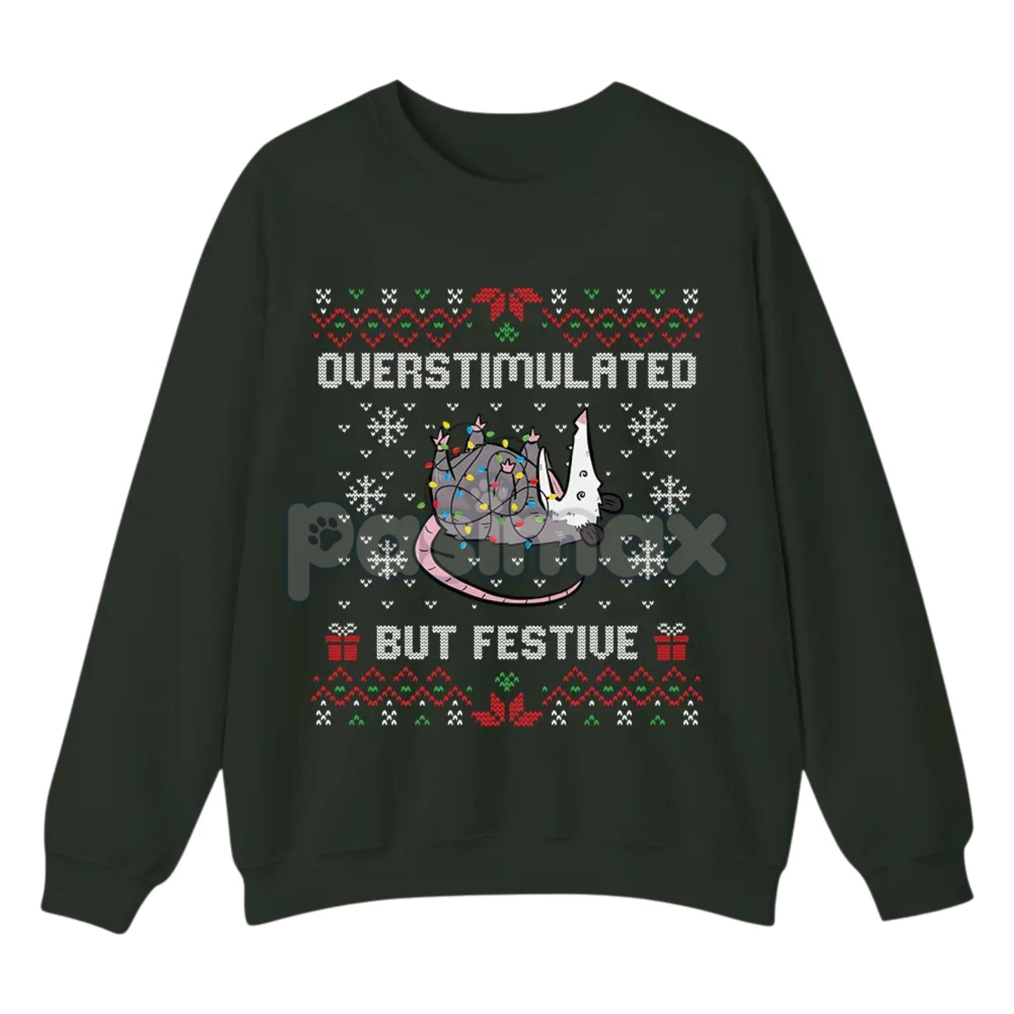 Funny Opossum Christmas Sweatshirt – "Overstimulated But Festive" Ugly Holiday Top