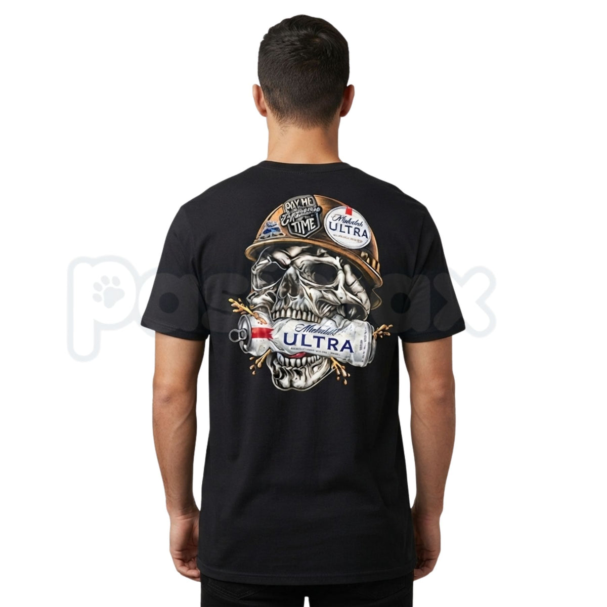Skull Hard Hat Beer Can Back Print T-Shirt – Blue Collar Biker Graphic Tee