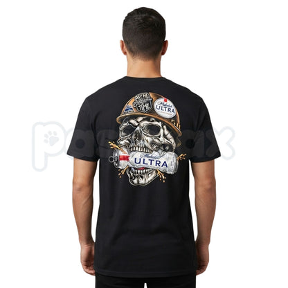 Skull Hard Hat Beer Can Back Print T-Shirt – Blue Collar Biker Graphic Tee