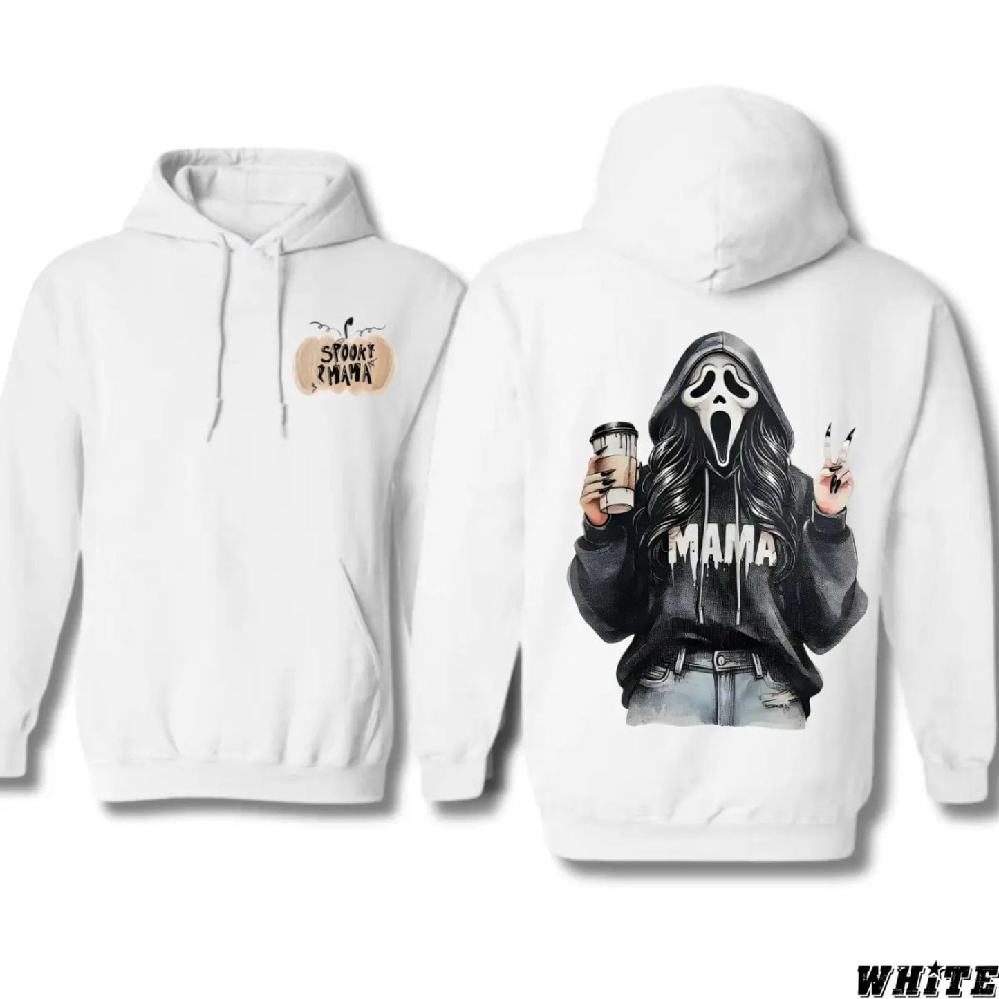 Spooky Mama Coffee Ghost Hoodie – Cozy Unisex Pullover for Moms, Fun Halloween Design, Perfect for Fall, Pumpkin Patch & Trick or Treating