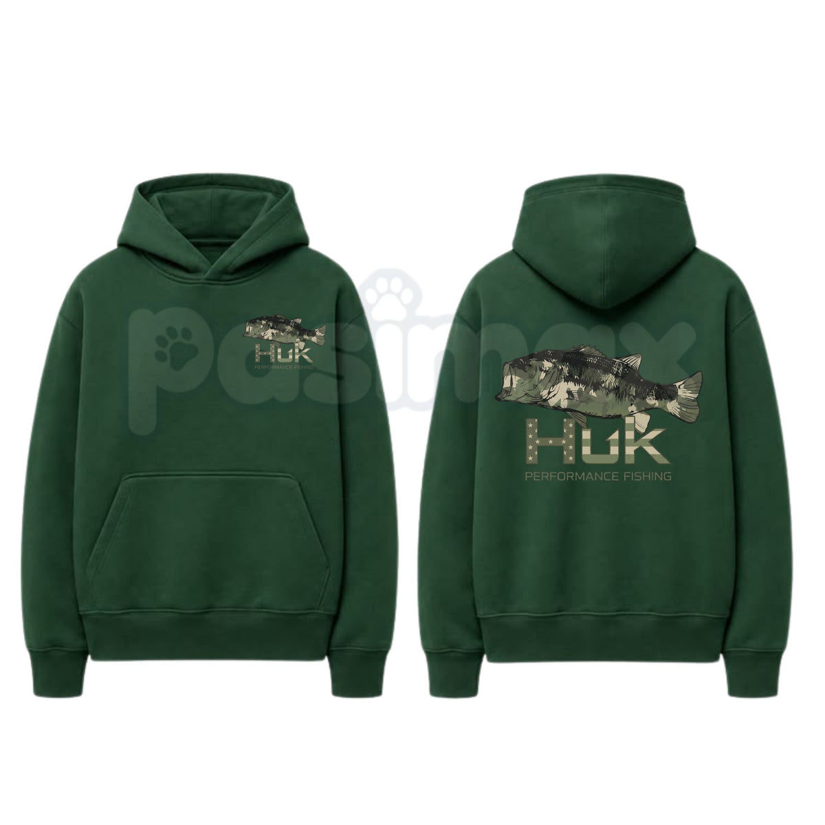 Men’s HUK Performance Fishing Hoodie – Camo Bass Graphic Pullover, Angler Outdoor Sun Protection Sweatshirt, Unisex Heavy Blend