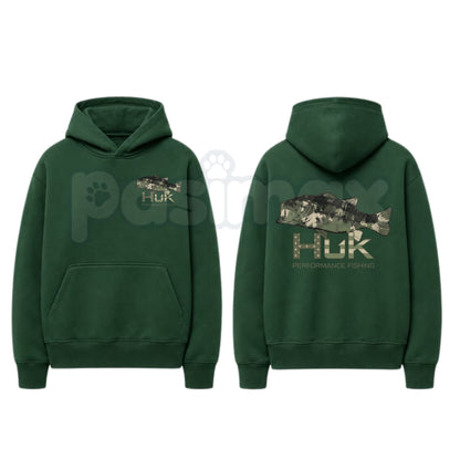 Men’s HUK Performance Fishing Hoodie – Camo Bass Graphic Pullover, Angler Outdoor Sun Protection Sweatshirt, Unisex Heavy Blend