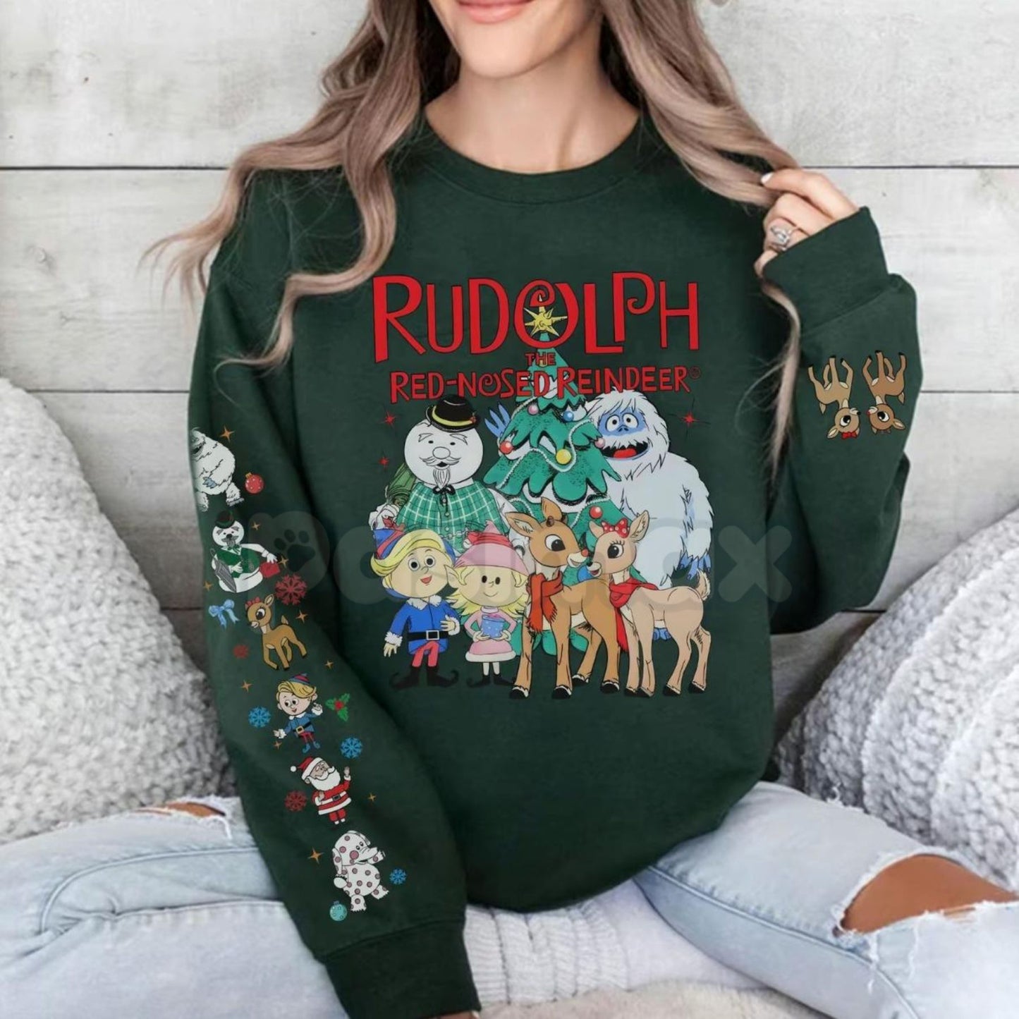 Rudolph Red Nosed Reindeer Sweatshirt with Sleeve Design | Nostalgic Christmas Jumper | Holiday Detail Crewneck