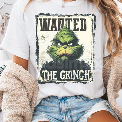 Wanted Grinch Graphic T-Shirt - Dr. Seuss Funny Christmas Tee, Holiday Curmudgeon Apparel, Unisex Whoville Slogan Shirt