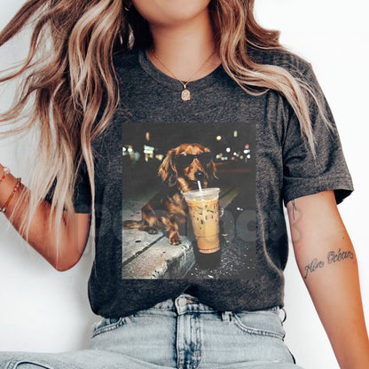 Comfort Colors® Funny Dachshund Iced Coffee T-Shirt – Retro Weiner Dog Caffeine Lover Tee, Cute Doxie Mama Gift, Aesthetic Iced Coffee Raccoon Style Shirt