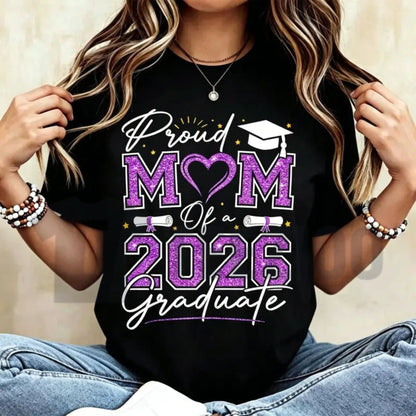 Proud Mom of a 2026 Graduate T-Shirt – Senior 2026 Purple & Gold School Spirit Tee