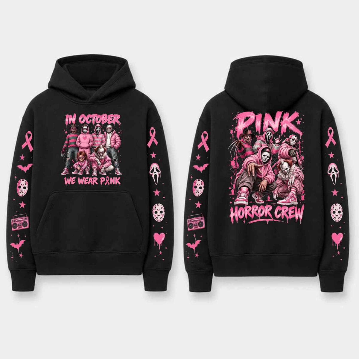 Unisex Pink Breast Cancer Awareness Horror Print Hoodie – Scary Movie Character Graphic Pullover, Halloween Pink Ribbon Support Sweatshirt