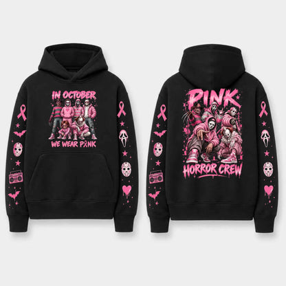 Unisex Pink Breast Cancer Awareness Horror Print Hoodie – Scary Movie Character Graphic Pullover, Halloween Pink Ribbon Support Sweatshirt
