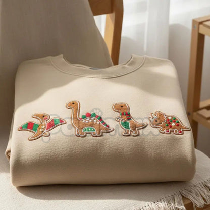 Gingerbread Dinosaur Christmas Embroidered Sweatshirt – Funny Holiday Crewneck
