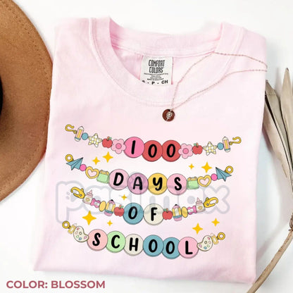 Comfort Colors® Little Girl 100 Days of School Friendship Bracelet T-Shirt – Retro Beaded Letter Tee, Trendy School Milestone Shirt, Aesthetic Toddler 100th Day Top