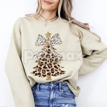Leopard Print Christmas Tree & Dalmatian Bow Sweatshirt | Girly Cute Santa Holiday Jumper | Trendy Animal Print Xmas Crewneck