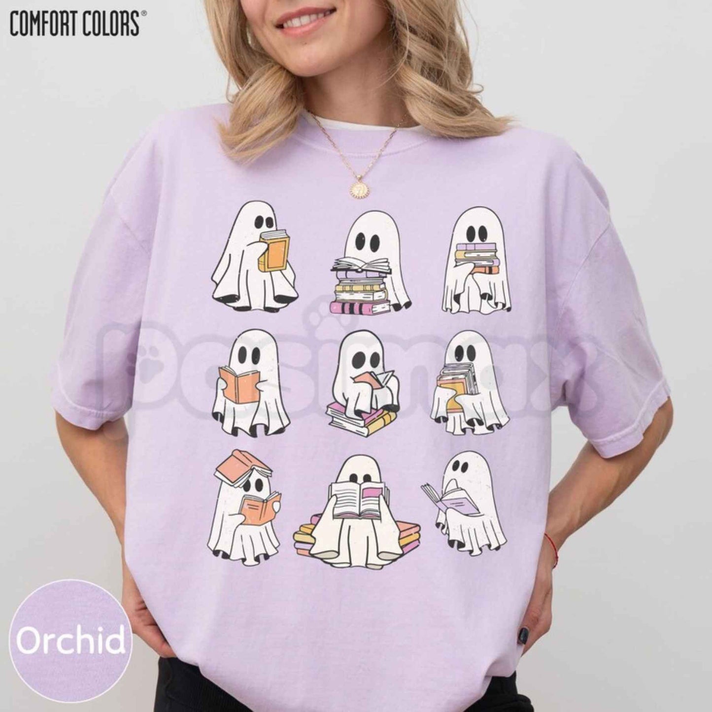 Comfort Colors® Ghost Reading Book T-Shirt – Girly Bookish Halloween Teacher & Librarian Graphic Tee, Cozy Fall Unisex Top