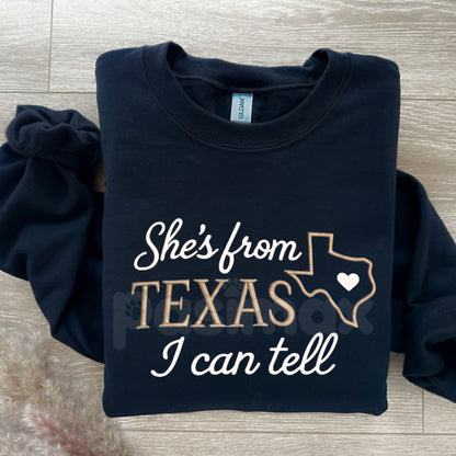 "She's from Texas" Embroidered Sweatshirt – Texas Outline & Heart Design Crewneck