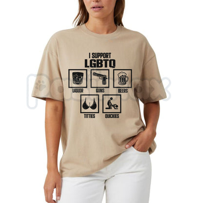 "I Support LGBTQ" Funny Acronym T-Shirt – Liquor Guns Bacon Titties Quickies Tee, Premium 100% Cotton Sarcastic Beer & Bacon Top, Soft Lived-In Heavyweight Rowdy Meme Shirt, Made in USA