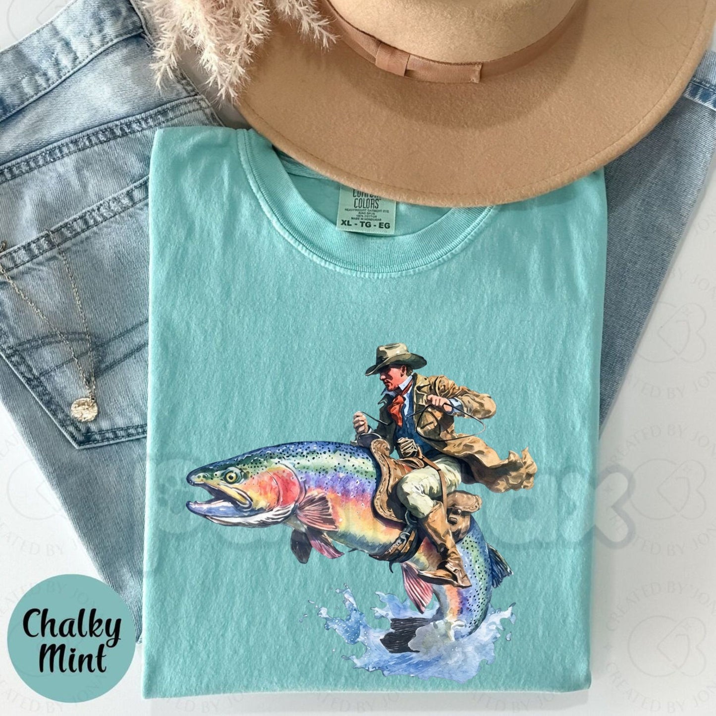 Comfort Colors® "Giddy Up, Rainbow!" Trout Rodeo T-Shirt – Funny Western Fishing Graphic Tee, Aesthetic Rainbow Trout Cowboy Hat Shirt, Retro Angler Gift