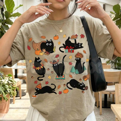 Comfort Colors® Retro Thanksgiving Black Cat T-Shirt – Vintage Cozy Season Graphic Tee, Cute Kitty Autumn Unisex Top