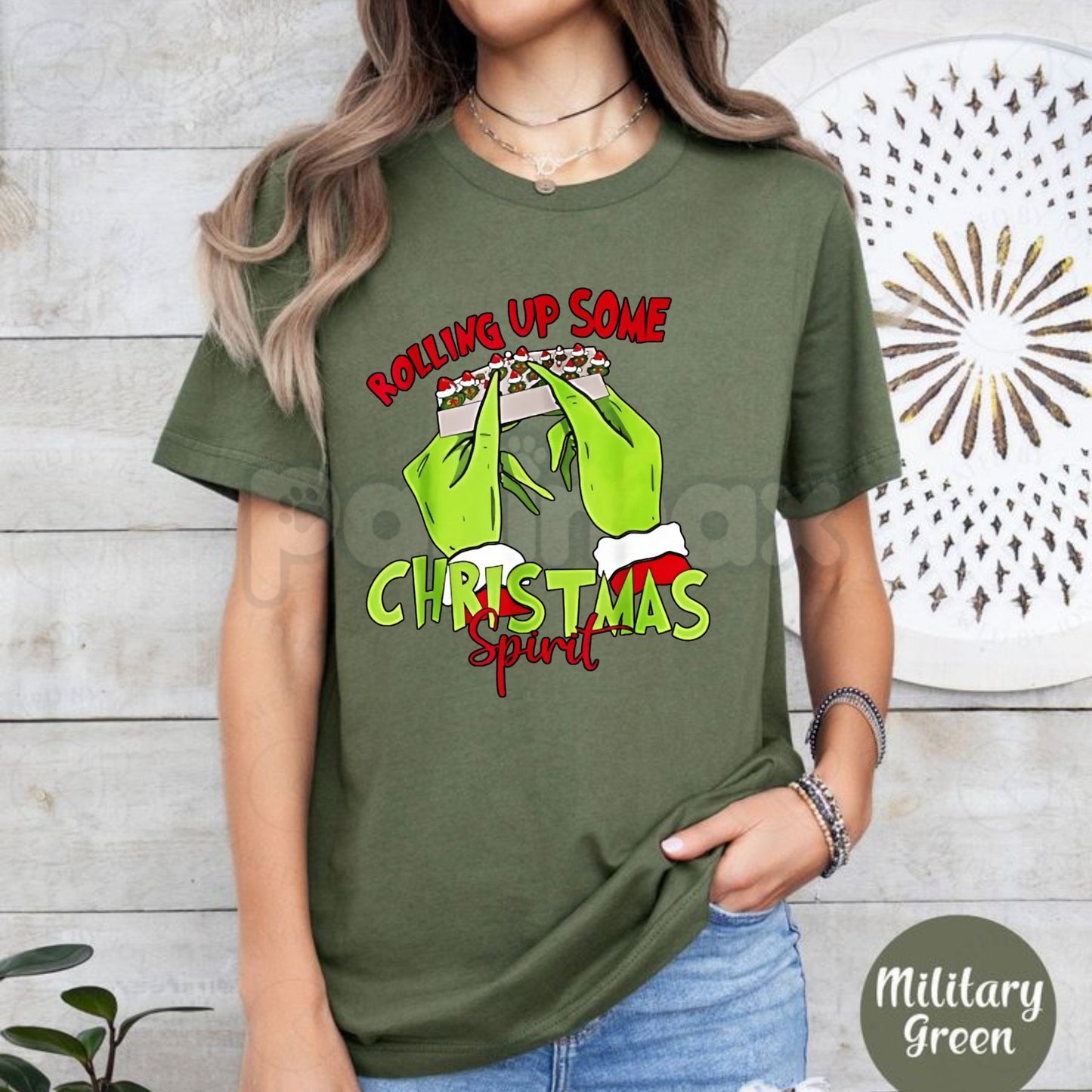 Christmas Spirit Grinch Hands Rolling Joint T-Shirt - Funny 420 Holiday Party Wear, Adult Grinch Christmas Gift, Edgy Festive Apparel