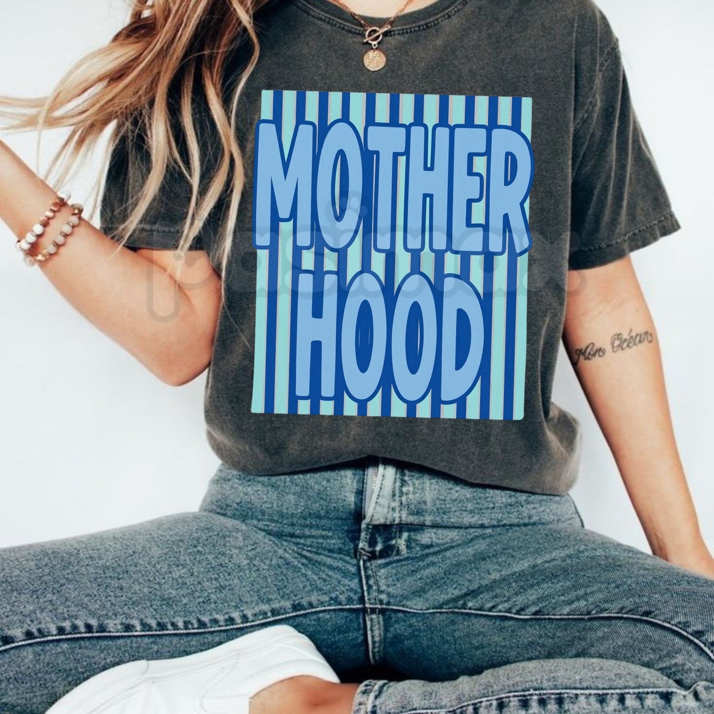 Comfort Colors® MOTHERHOOD Striped Preppy MAMA T-Shirt – Retro Varsity Mother's Day Tee, Coastal Chic Mama Shirt, Trendy Nautical Mom Gift