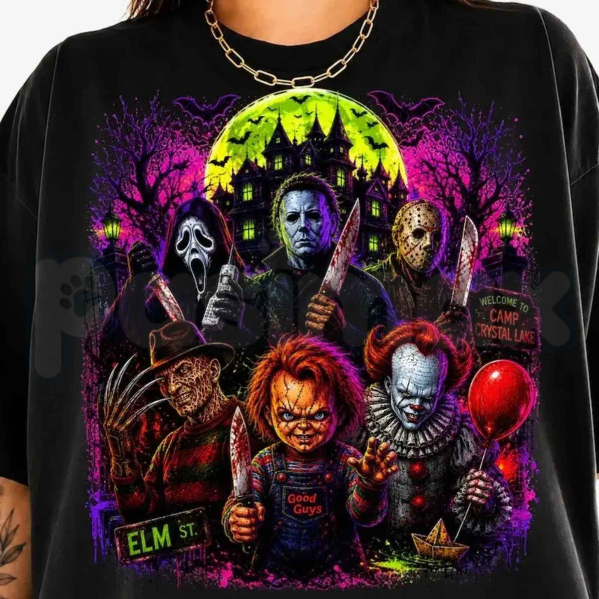 Neon Halloween Horror Movie Characters T-Shirt – Retro Cyberpunk Scary Slashers Unisex Tee