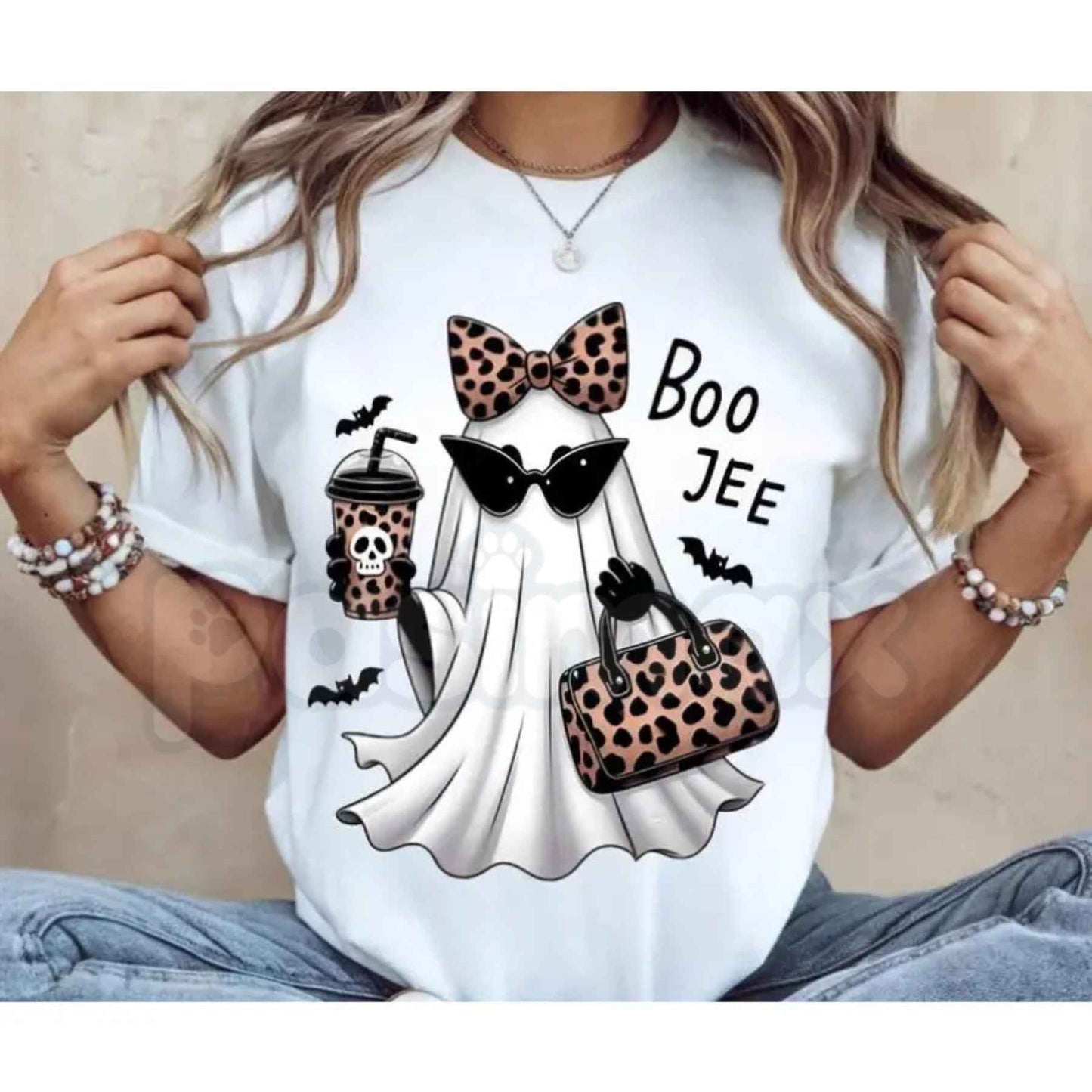 Boo-Jee Ghost T-Shirt – Funny Leopard Ghost Coffee Fall Unisex Cotton Graphic Tee