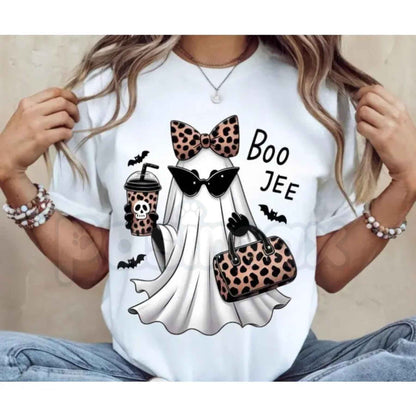 Boo-Jee Ghost T-Shirt – Funny Leopard Ghost Coffee Fall Unisex Cotton Graphic Tee
