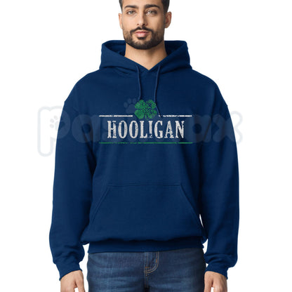 Crazy Dog Hooligan Shamrock Funny Saint St Patricks Day Hoodie – Irish Drinking Humor Pullover, Lucky Clover Party Sweatshirt, Unisex Heavy Blend