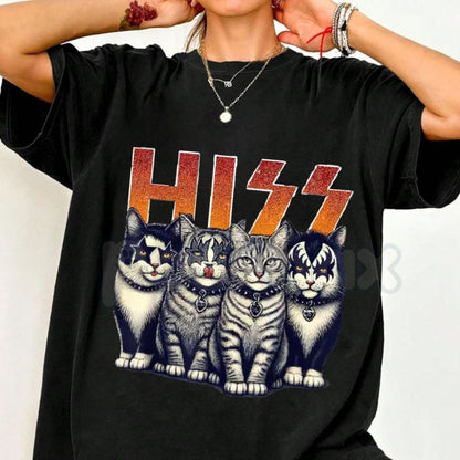 "Hiss" Funny Cats Rock T-Shirt – Kittens Rockin Graphic Tee, Premium 100% Cotton Heavy Metal Parody Top, Soft Lived-In Heavyweight Rock Band Cat Gift Shirt, Made in USA