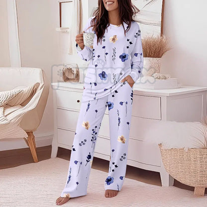 ChicMe Women's Floral Print Lounge Set - Long Sleeve Top & Casual Pants with Pockets, Comfortable Home Wear