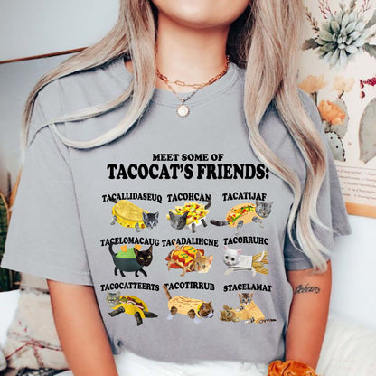 Tacocat and Friends T-Shirt - Funny Palindrome Cat Taco Graphic Tee, Unisex Humor Apparel