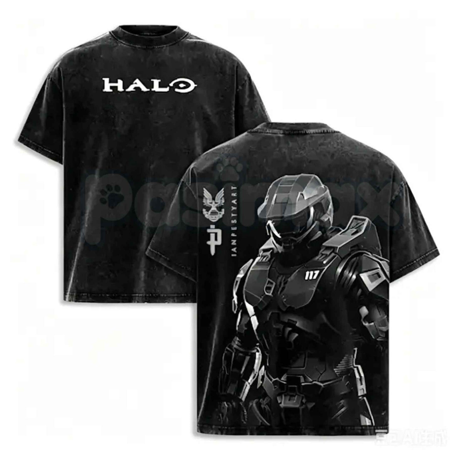 HALO Master Chief 117 T-Shirt – Retro Spartan Back Print Graphic Tee, Premium Acid Wash Oversized Lightweight Cotton Gaming Streetwear Top