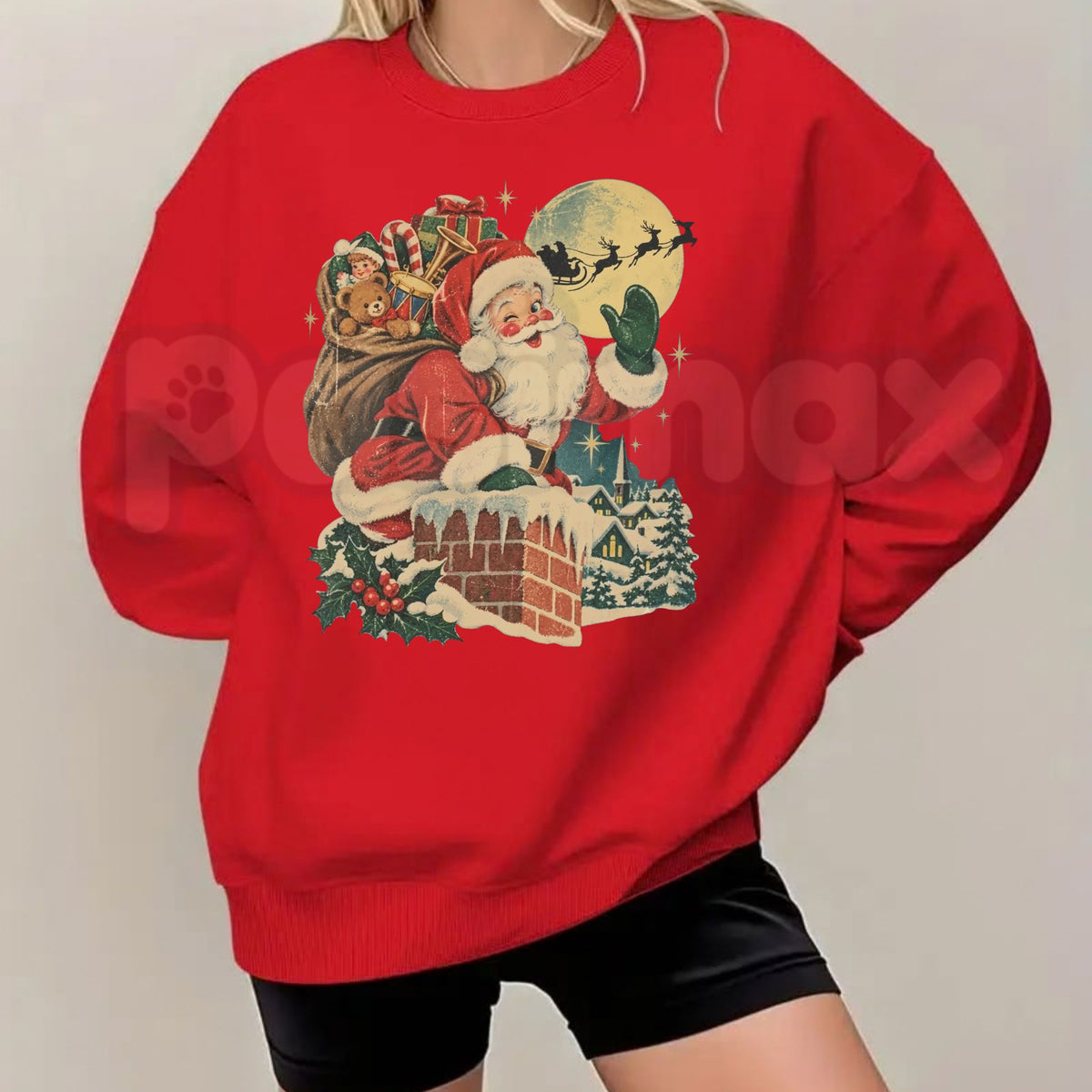 Vintage Santa Chimney Sweatshirt | Retro Reindeer Christmas Graphic Crewneck